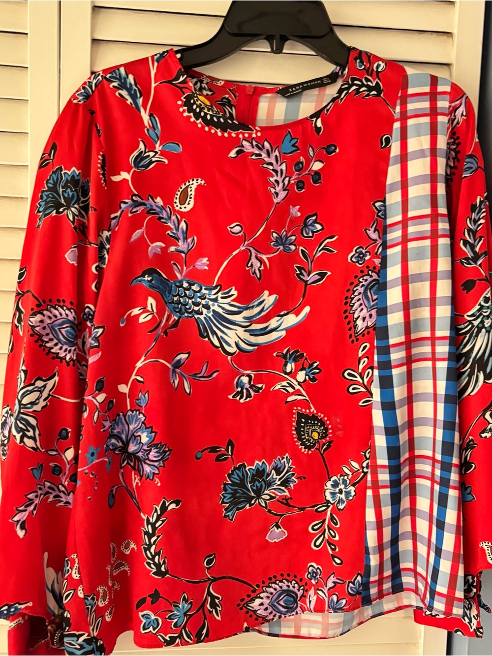 Red Floral & Bird Print Zara blouse with Plaid Accent. Lightweight,packable chic